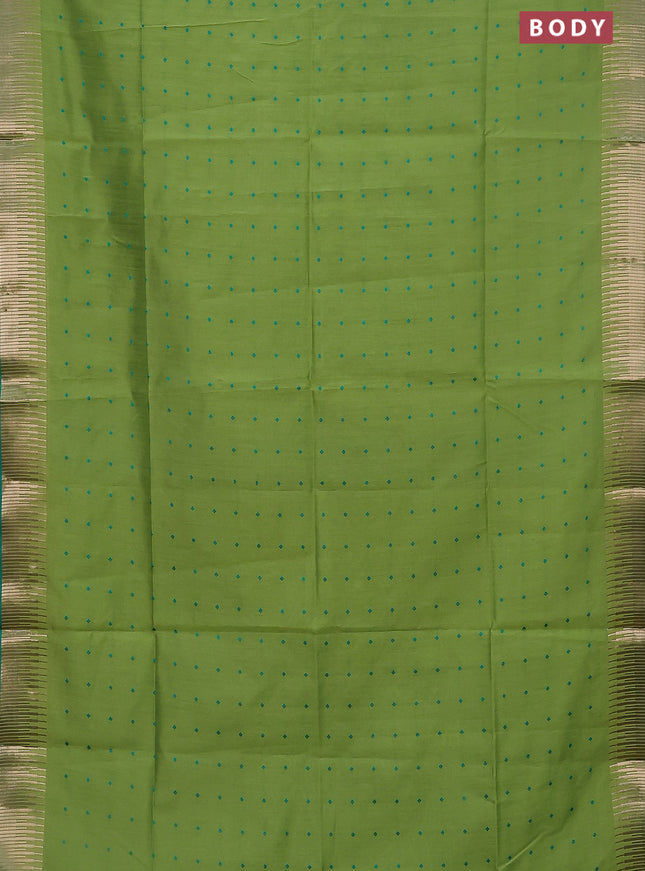 Semi dupion saree light green and green with allover thread woven buttas and temple design zari woven border