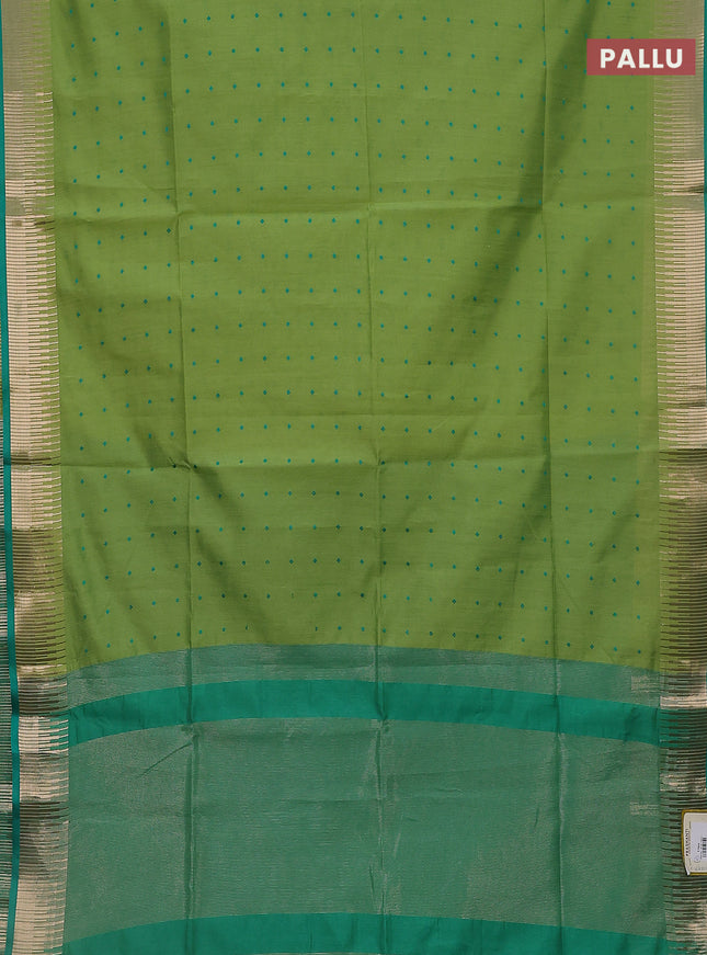 Semi dupion saree light green and green with allover thread woven buttas and temple design zari woven border