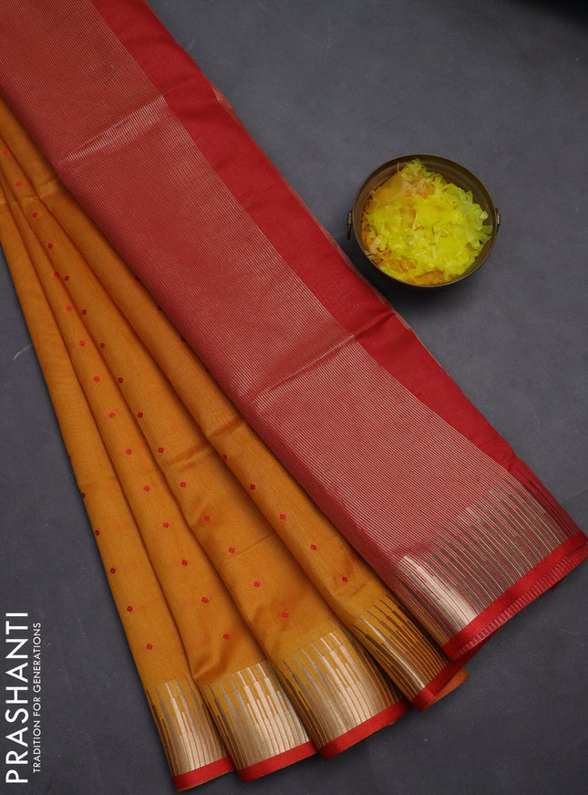 Semi dupion saree mango yellow and red with allover thread woven buttas and temple design zari woven border