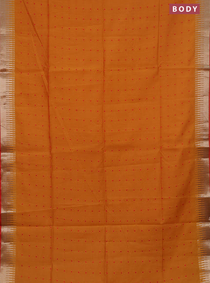 Semi dupion saree mango yellow and red with allover thread woven buttas and temple design zari woven border