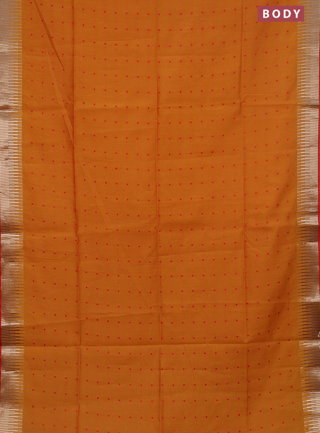 Semi dupion saree mango yellow and red with allover thread woven buttas and temple design zari woven border