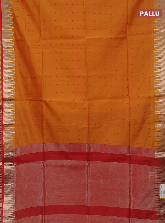 Semi dupion saree mango yellow and red with allover thread woven buttas and temple design zari woven border