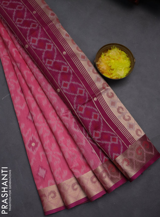 Semi dupion saree light pink and purple with allover thread woven ikat weaves and zari woven border