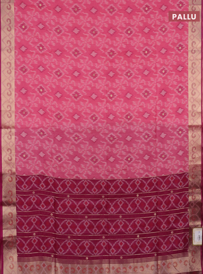 Semi dupion saree light pink and purple with allover thread woven ikat weaves and zari woven border