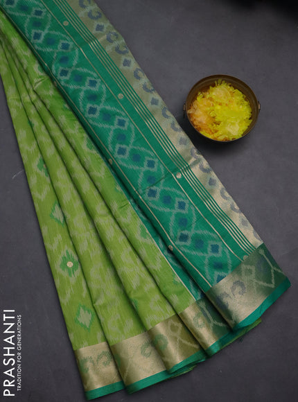 Semi dupion saree light green and green with allover thread woven ikat weaves and zari woven border