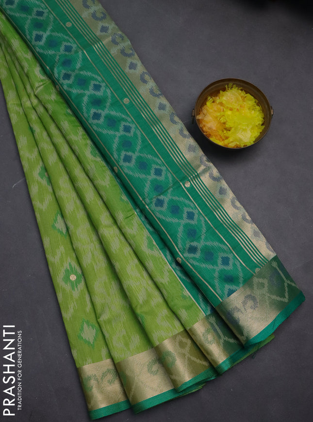 Semi dupion saree light green and green with allover thread woven ikat weaves and zari woven border