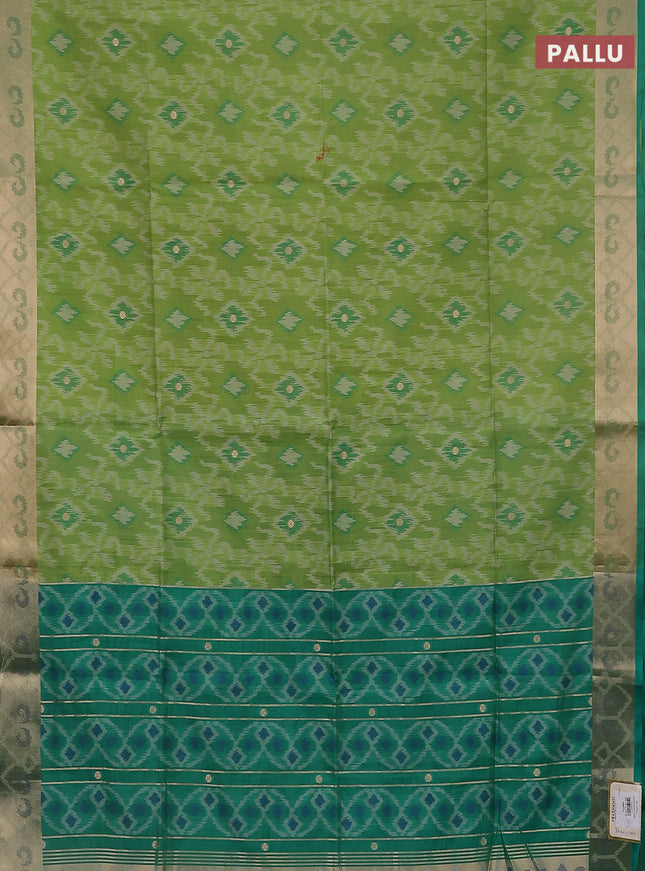 Semi dupion saree light green and green with allover thread woven ikat weaves and zari woven border