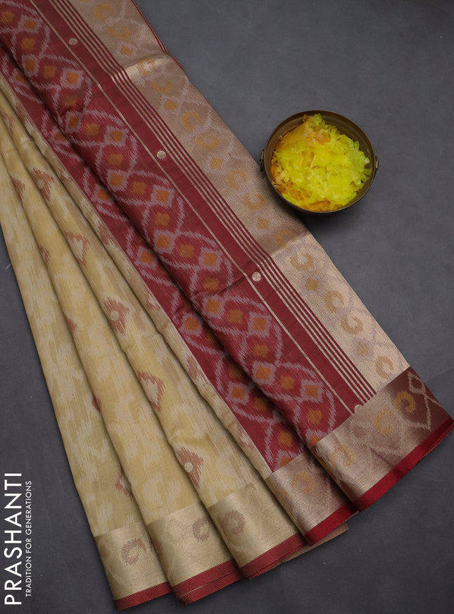 Semi dupion saree beige and maroon with allover thread woven ikat weaves and zari woven border