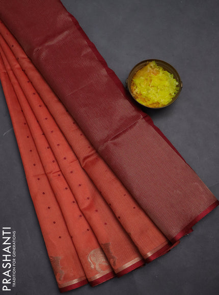 Semi dupion saree peach orange and maroon with allover thread woven buttas and pichwai zari woven butta border