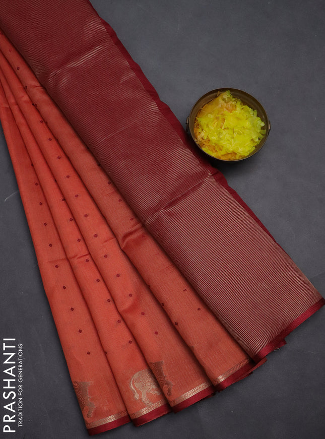 Semi dupion saree peach orange and maroon with allover thread woven buttas and pichwai zari woven butta border