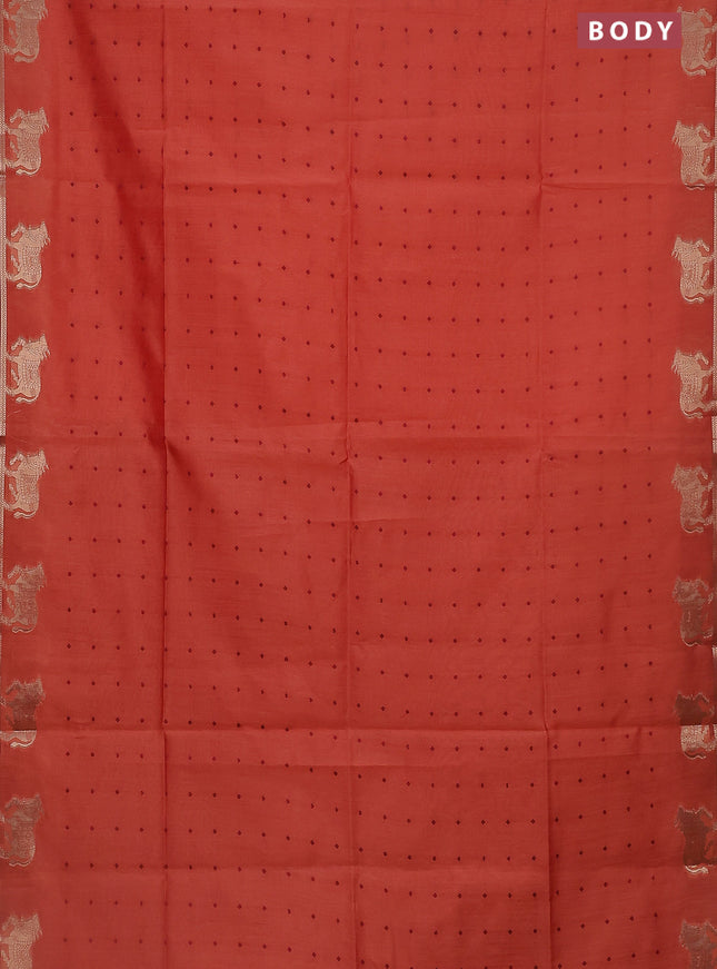Semi dupion saree peach orange and maroon with allover thread woven buttas and pichwai zari woven butta border