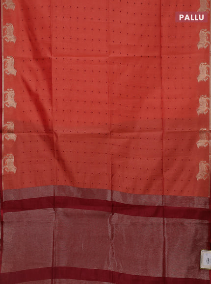 Semi dupion saree peach orange and maroon with allover thread woven buttas and pichwai zari woven butta border