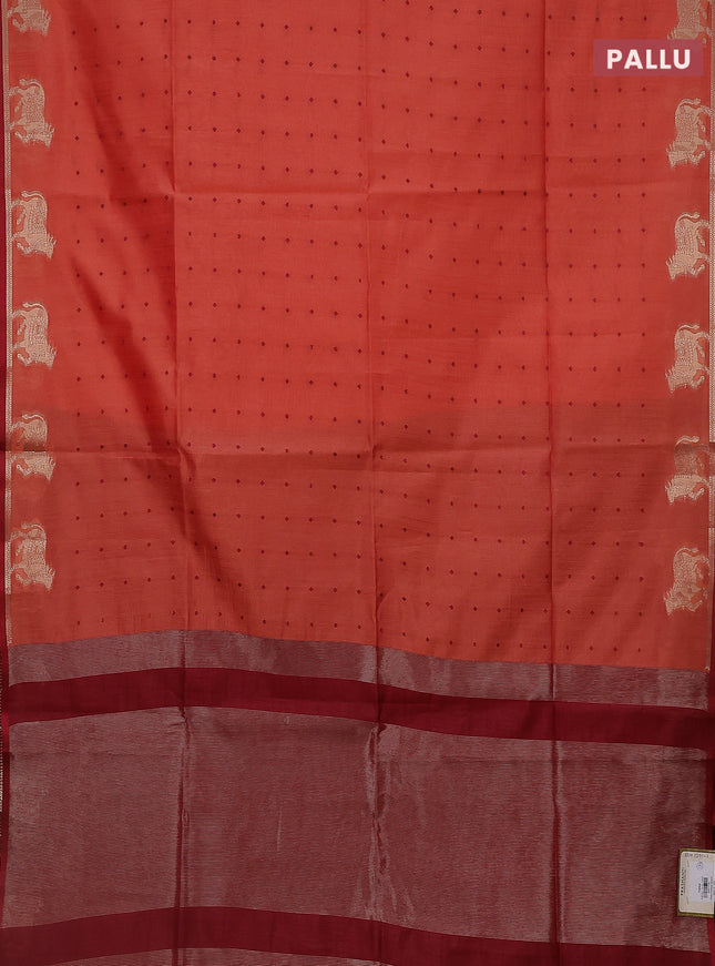 Semi dupion saree peach orange and maroon with allover thread woven buttas and pichwai zari woven butta border