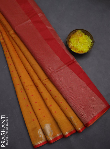 Semi dupion saree mango yellow and red with allover thread woven buttas and pichwai zari woven butta border