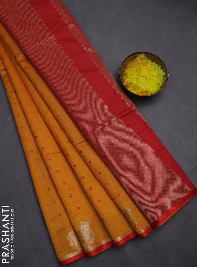 Semi dupion saree mango yellow and red with allover thread woven buttas and pichwai zari woven butta border