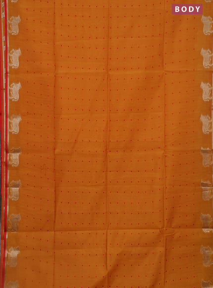 Semi dupion saree mango yellow and red with allover thread woven buttas and pichwai zari woven butta border
