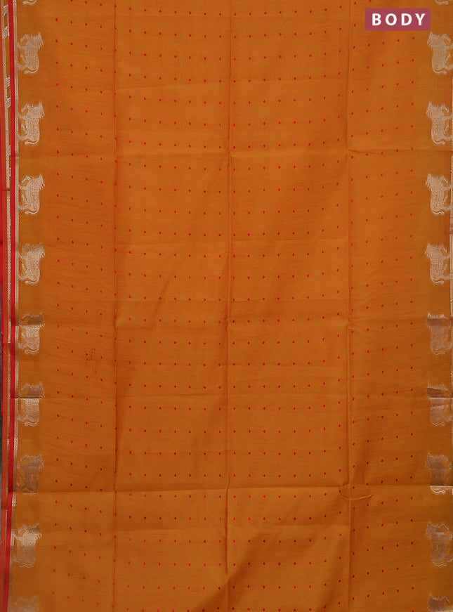 Semi dupion saree mango yellow and red with allover thread woven buttas and pichwai zari woven butta border