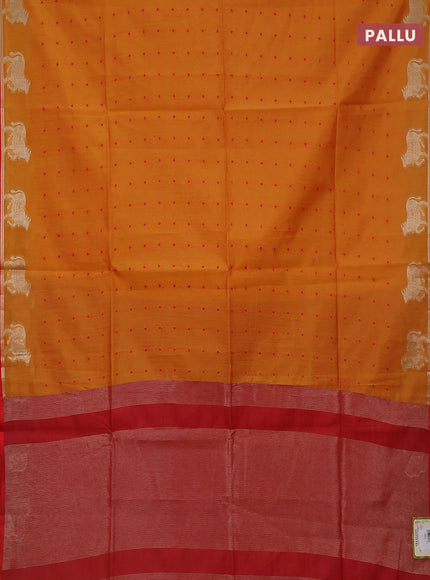 Semi dupion saree mango yellow and red with allover thread woven buttas and pichwai zari woven butta border