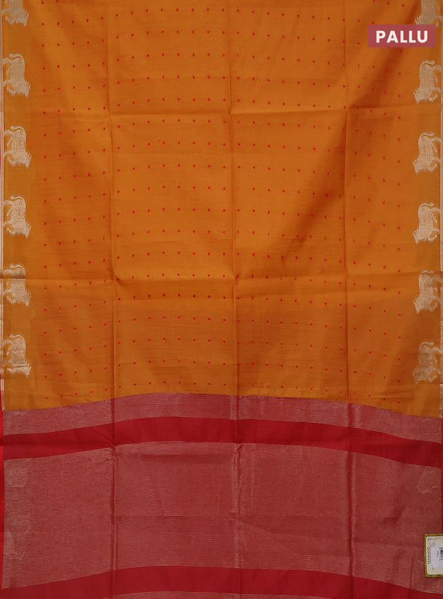 Semi dupion saree mango yellow and red with allover thread woven buttas and pichwai zari woven butta border