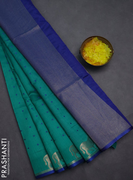 Semi dupion saree teal green and blue with allover thread woven buttas and pichwai zari woven butta border
