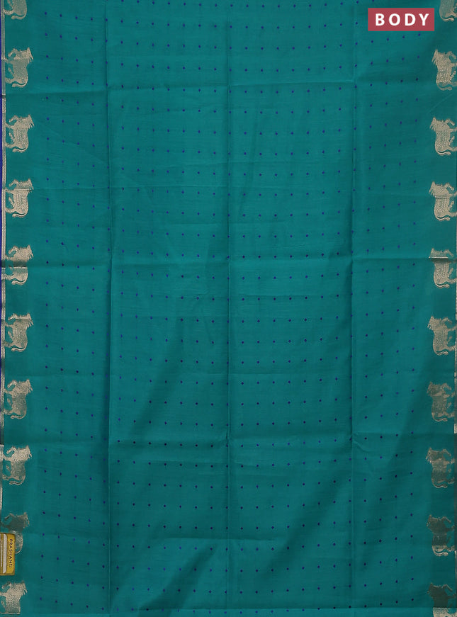 Semi dupion saree teal green and blue with allover thread woven buttas and pichwai zari woven butta border