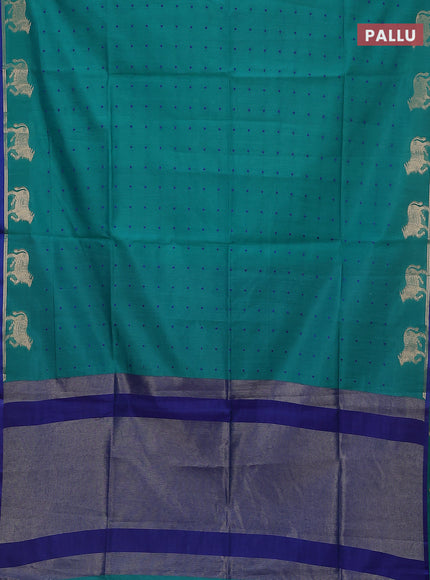 Semi dupion saree teal green and blue with allover thread woven buttas and pichwai zari woven butta border