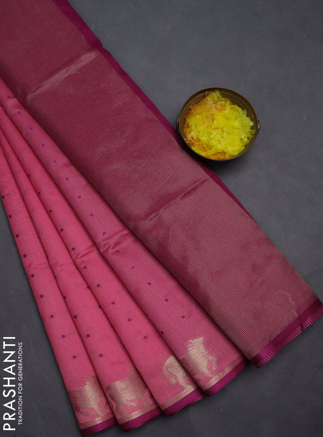 Semi dupion saree light pink and purple with allover thread woven buttas and pichwai zari woven butta border