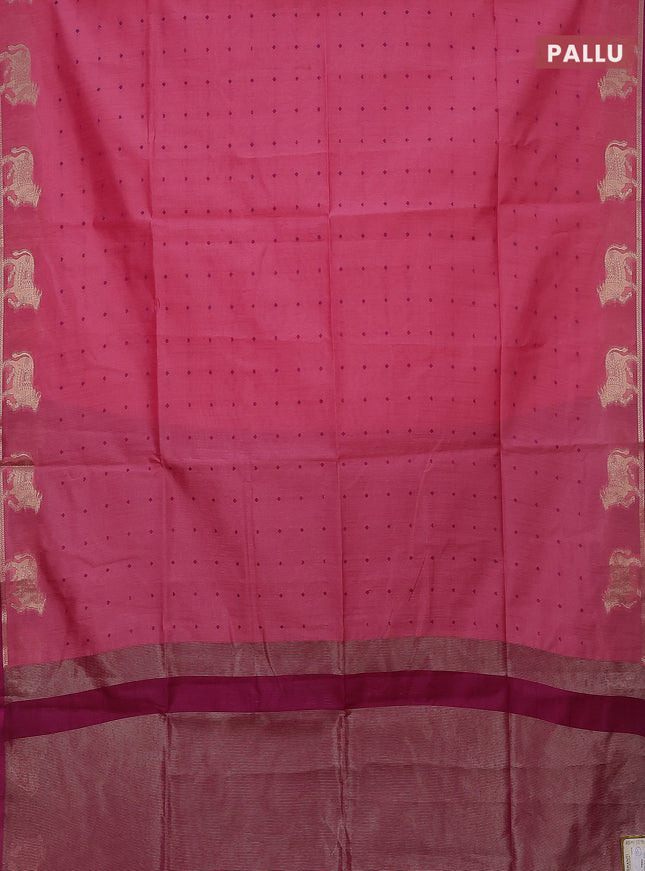 Semi dupion saree light pink and purple with allover thread woven buttas and pichwai zari woven butta border