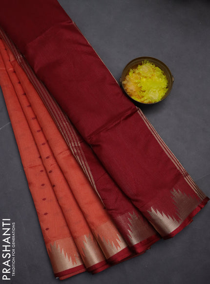 Semi dupion saree dark peach and maroon with allover thread woven buttas and temple design zari woven border