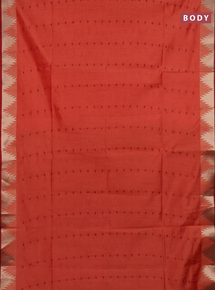 Semi dupion saree dark peach and maroon with allover thread woven buttas and temple design zari woven border