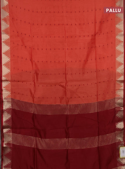 Semi dupion saree dark peach and maroon with allover thread woven buttas and temple design zari woven border