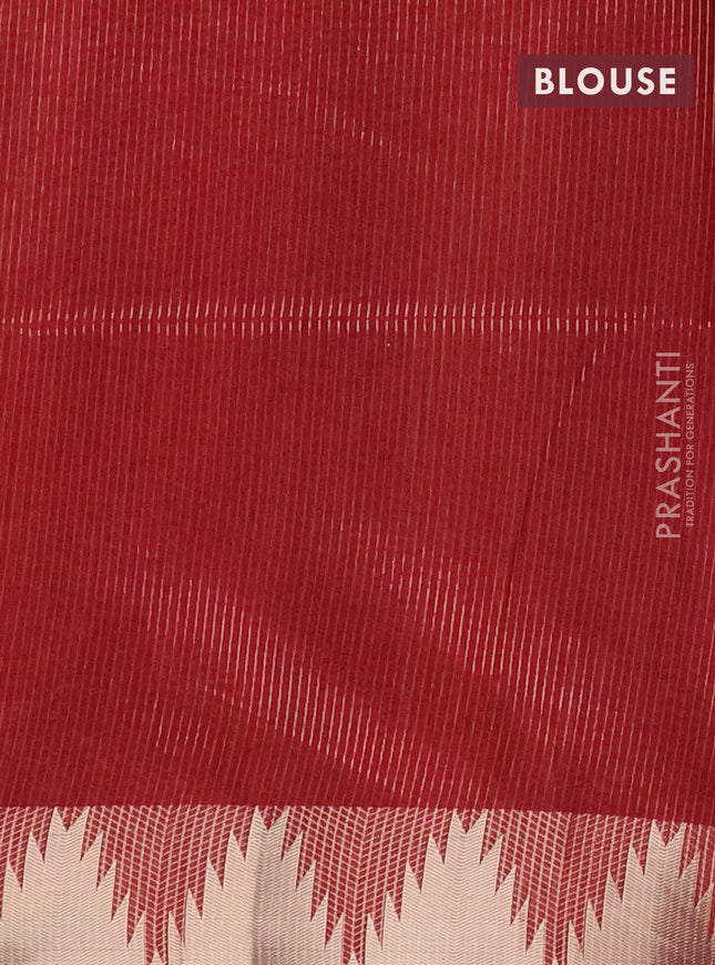 Semi dupion saree dark peach and maroon with allover thread woven buttas and temple design zari woven border