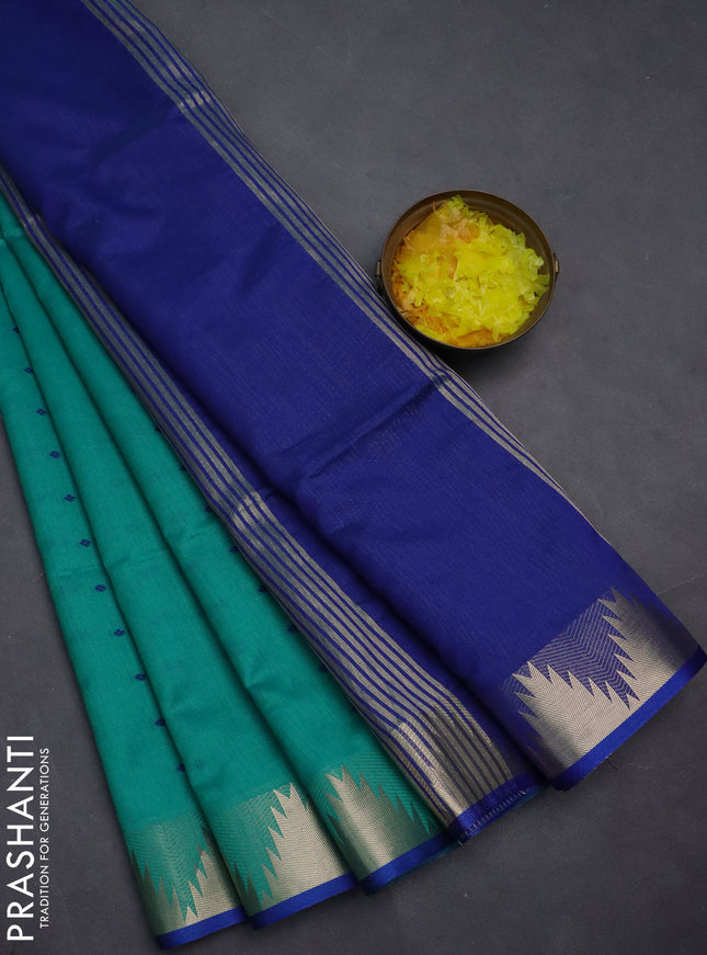 Semi dupion saree teal green and blue with allover thread woven buttas and temple design zari woven border