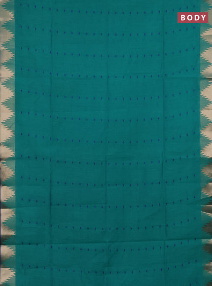 Semi dupion saree teal green and blue with allover thread woven buttas and temple design zari woven border
