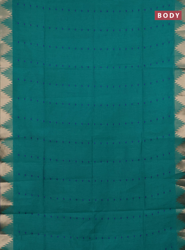 Semi dupion saree teal green and blue with allover thread woven buttas and temple design zari woven border
