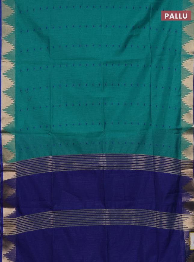 Semi dupion saree teal green and blue with allover thread woven buttas and temple design zari woven border