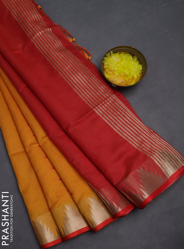 Semi dupion saree mango yellow and red with allover thread woven buttas and temple design zari woven border