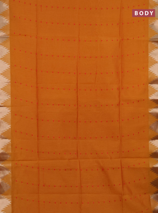 Semi dupion saree mango yellow and red with allover thread woven buttas and temple design zari woven border