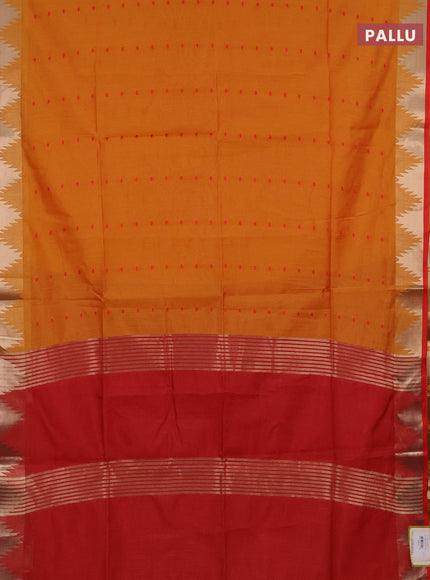 Semi dupion saree mango yellow and red with allover thread woven buttas and temple design zari woven border