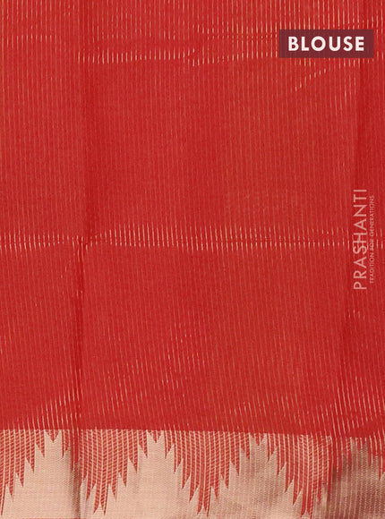 Semi dupion saree mango yellow and red with allover thread woven buttas and temple design zari woven border