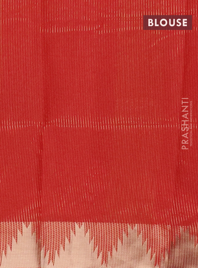 Semi dupion saree mango yellow and red with allover thread woven buttas and temple design zari woven border