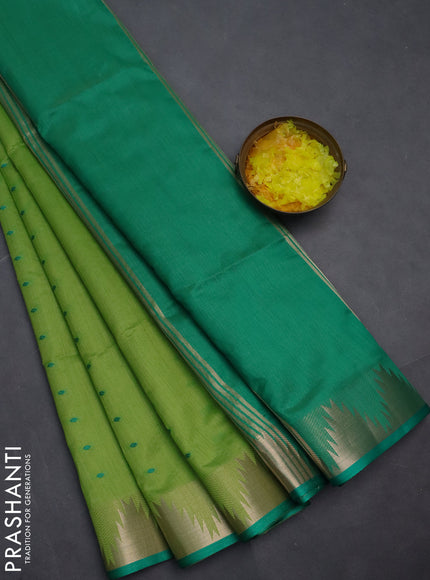 Semi dupion saree light green and green with allover thread woven buttas and temple design zari woven border
