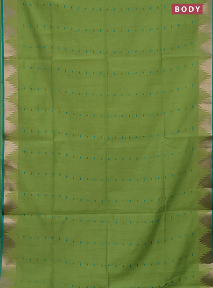 Semi dupion saree light green and green with allover thread woven buttas and temple design zari woven border