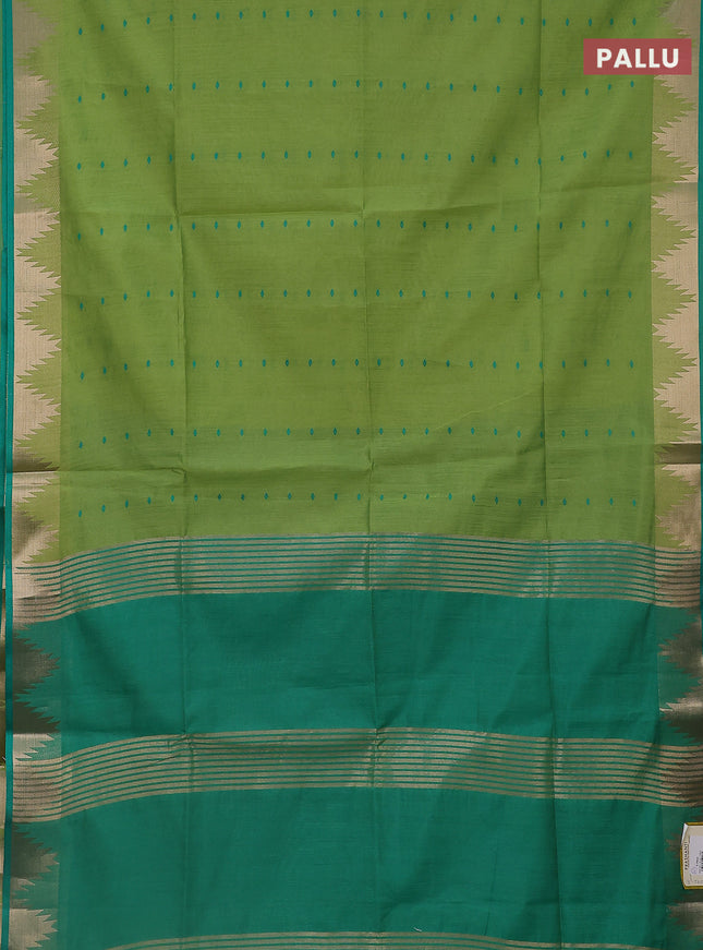 Semi dupion saree light green and green with allover thread woven buttas and temple design zari woven border