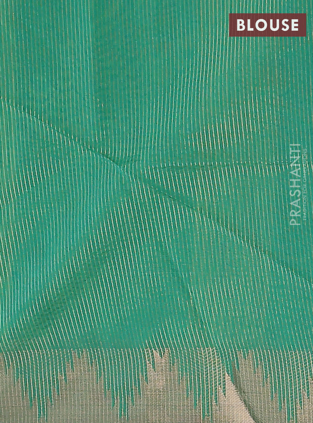 Semi dupion saree light green and green with allover thread woven buttas and temple design zari woven border