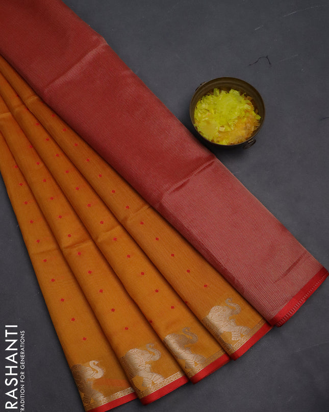 Semi dupion saree mango yellow and red with thread woven buttas and elephant zari woven butta border