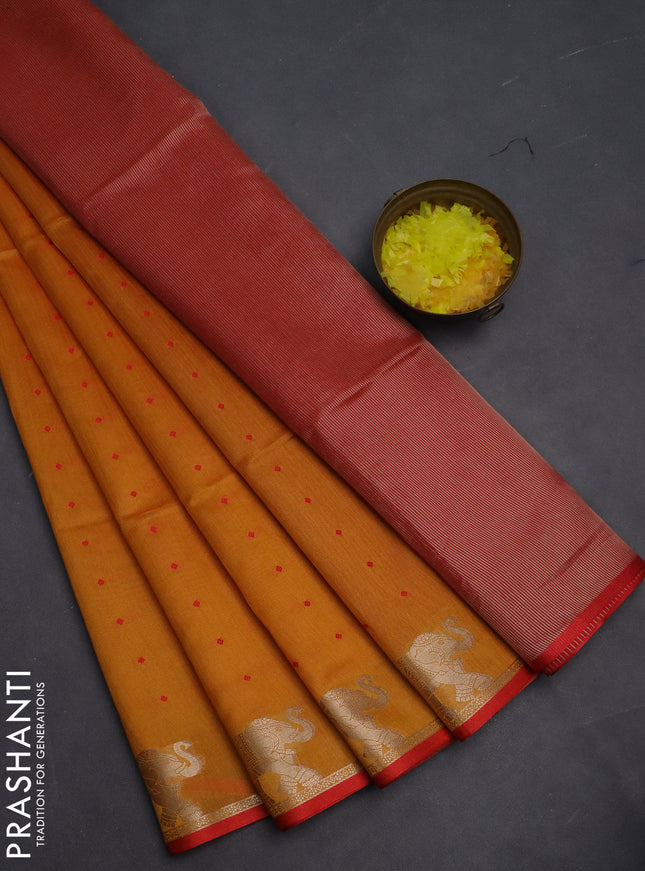 Semi dupion saree mango yellow and red with thread woven buttas and elephant zari woven butta border