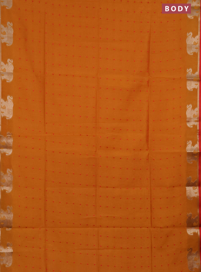 Semi dupion saree mango yellow and red with thread woven buttas and elephant zari woven butta border