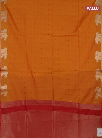 Semi dupion saree mango yellow and red with thread woven buttas and elephant zari woven butta border