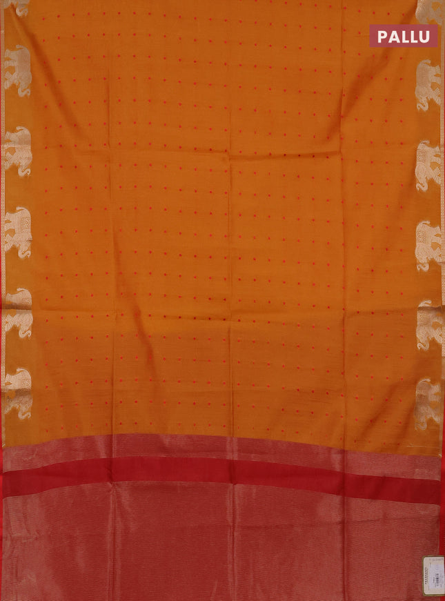 Semi dupion saree mango yellow and red with thread woven buttas and elephant zari woven butta border